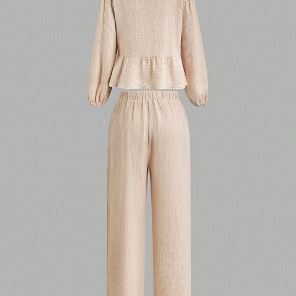 Apricot Casual Women's Lantern Sleeve Tie Waist Top & High Waist Pants Set - Picture 8 of 8